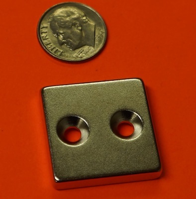 Neodymium Magnet 1 in x 1 in x 3/16 in w/2 Countersunk Holes N42 Block